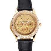 Swiss Patek Philippe Grand Complications Power Reserve Gold Dial And Case Diamond Bezel Black Leather Strap