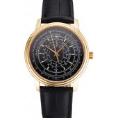 Swiss Patek Philippe Multi-Scale Chronograph Black Dial Gold Case Black Leather Strap