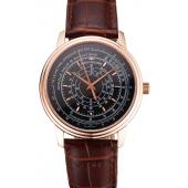 Cheap Swiss Patek Philippe Multi-Scale Chronograph Black Dial Rose Gold Case Brown Leather Strap