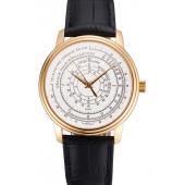 Swiss Patek Philippe Multi-Scale Chronograph White Dial Gold Case Black Leather Strap Replica