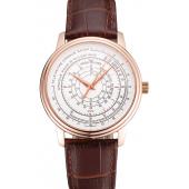 Replica Swiss Patek Philippe Multi-Scale Chronograph White Dial Rose Gold Case Brown Leather Strap