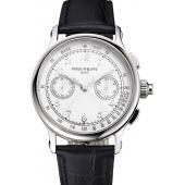 Swiss Patek Philippe Split Seconds Chronograph White Dial Silver Numerals Stainless Steel Case Black Leather Strap