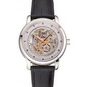 Replica Swiss Piaget Altiplano Skeleton Dial With Diamonds Stainless Steel Case Black Leather Strap