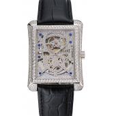 Swiss Piaget Emperador Tourbillon Skeleton Silver Diamond Case Black Leather Bracelet 1453943