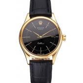 Swiss Rolex Cellini Black Dial Gold Markings Gold Case Black Leather Strap