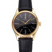 Swiss Rolex Cellini Black Dial Roman Numerals Gold Case Black Leather Strap Replica