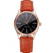 Swiss Rolex Cellini Black Dial Roman Numerals Rose Gold Case Light Brown Leather Strap