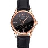 Swiss Rolex Cellini Black Dial Rose Gold Case Black Leather Strap