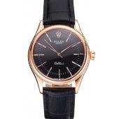 Swiss Rolex Cellini Black Dial Rose Gold Markings Rose Gold Case Black Leather Strap Replica