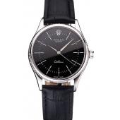 Swiss Rolex Cellini Black Dial Steel Case Black Leather Strap