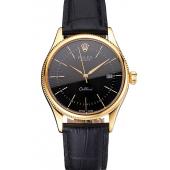 Swiss Rolex Cellini Date Black Dial Gold Case Black Leather Strap