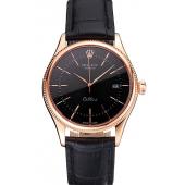 Swiss Rolex Cellini Date Black Dial Rose Gold Markings Rose Gold Case Black Leather Strap Replica