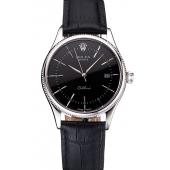 Swiss Rolex Cellini Date Black Dial Stainless Steel Case Black Leather Strap