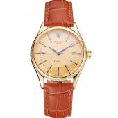 Replica Swiss Rolex Cellini Date Gold Guilloche Dial Gold Case Light Brown Leather Strap