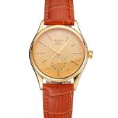 Swiss Rolex Cellini Gold Dial Gold Case Light Brown Leather Strap