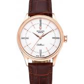 Swiss Rolex Cellini Time Gold Case White Dial Brown Leather Bracelet   622655