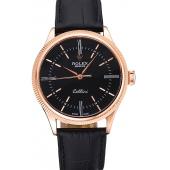 Replica Swiss Rolex Cellini Time Rose Gold Case Black Dial Black Leather Bracelet   622656