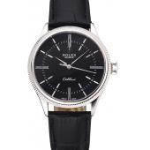 Swiss Rolex Cellini Time Silver Case Black Dial Black Leather Bracelet   622654