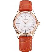 Swiss Rolex Cellini White Dial Roman Numerals Rose Gold Case Light Brown Leather Strap