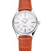 Swiss Rolex Cellini White Dial Roman Numerals Stainless Steel Case Light Brown Leather Strap