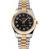 Swiss Rolex Datejust Black Dial Gold Bezel Stainless Steel Case Two Tone Bracelet