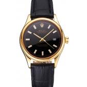 Replica Swiss Rolex Datejust Black Dial Gold Case Black Leather Strap