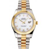 Replica Swiss Rolex Datejust White Dial Diamond Hour Marks Gold Bezel Stainless Steel Case Two Tone Bracelet