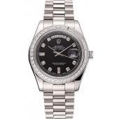 Swiss Rolex Day-Date Black Dial Diamond Case Diamond Numerals Stainless Steel Bracelet 1453966