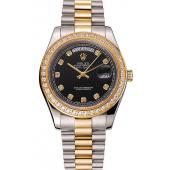 Swiss Rolex Day-Date Black Dial Gold Diamond Case Two Tone Stainless Steel Bracelet 1453975