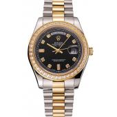 Swiss Rolex Day-Date Black Dial Gold Diamond Case Two Tone Stainless Steel Bracelet 1453976