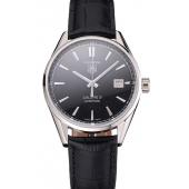 Swiss Tag Heuer Carrera Calibre 5 Black Dial Stainless Steel Case Black Leather Strap