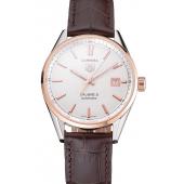 Swiss Tag Heuer Carrera Calibre 5 White Dial Rose Gold Case Brown Leather Strap