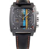 Tag Heuer Swiss Monaco Black Leather Strap Blue-Yellow Striped Black Dial