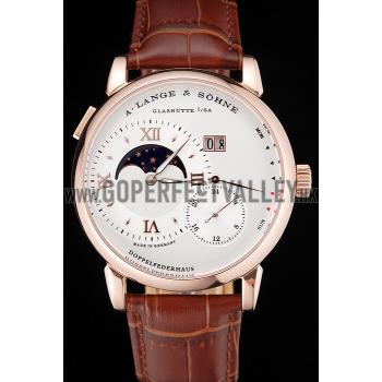 A. Lange & Sohne Grand Lange 1 Moon Phase White Dial Rose Gold Case Brown Leather Strap