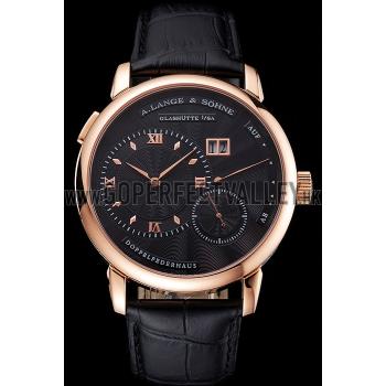 A. Lange & Sohne Lange 1 Black Dial Rose Gold Case Black Leather Strap