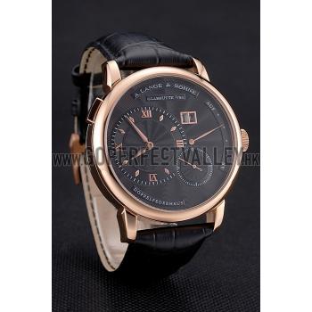 A. Lange & Sohne Lange 1 Black Dial Rose Gold Case Black Leather Strap