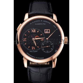 A. Lange & Sohne Grand Lange 1 Moon Phase Black Dial Rose Gold Case Black Leather Strap