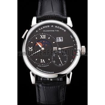 Replica A. Lange & Sohne Grand Lange 1 Moon Phase Black Dial Stainless Steel Case Black Leather Strap