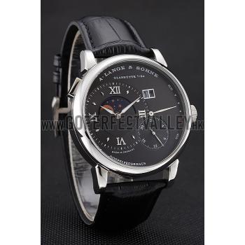 Replica A. Lange & Sohne Grand Lange 1 Moon Phase Black Dial Stainless Steel Case Black Leather Strap