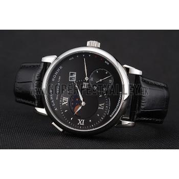 Replica A. Lange & Sohne Grand Lange 1 Moon Phase Black Dial Stainless Steel Case Black Leather Strap