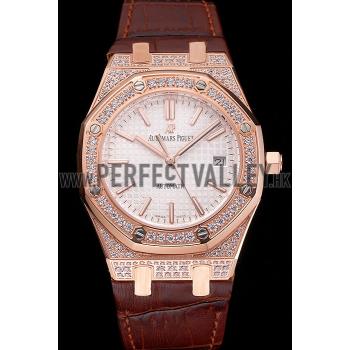 Cheap Swiss Audemars Piguet Royal Oak White Dial Gold Case With Diamonds Brown Leather Strap