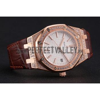 Cheap Swiss Audemars Piguet Royal Oak White Dial Gold Case With Diamonds Brown Leather Strap