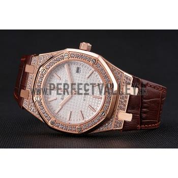 Cheap Swiss Audemars Piguet Royal Oak White Dial Gold Case With Diamonds Brown Leather Strap