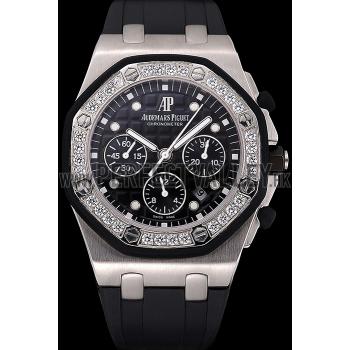 Replica Swiss Audemars Piguet Royal Oak Chronometer Black Dial Diamond Bezel Stainless Steel Case Black Rubber Strap  622867