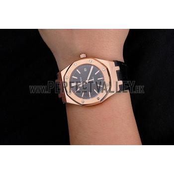 Swiss Audemars Piguet Royal Oak Black Dial Gold Case Black Leather Strap