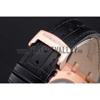 Swiss Audemars Piguet Royal Oak Black Dial Gold Case Black Leather Strap