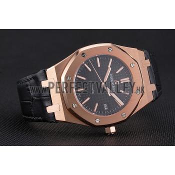 Swiss Audemars Piguet Royal Oak Black Dial Gold Case Black Leather Strap