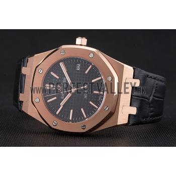 Swiss Audemars Piguet Royal Oak Black Dial Gold Case Black Leather Strap