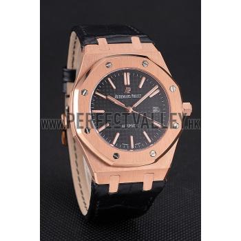 Swiss Audemars Piguet Royal Oak Black Dial Gold Case Black Leather Strap