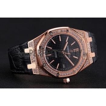 Swiss Audemars Piguet Royal Oak Black Dial Gold Case With Diamonds Black Leather Strap